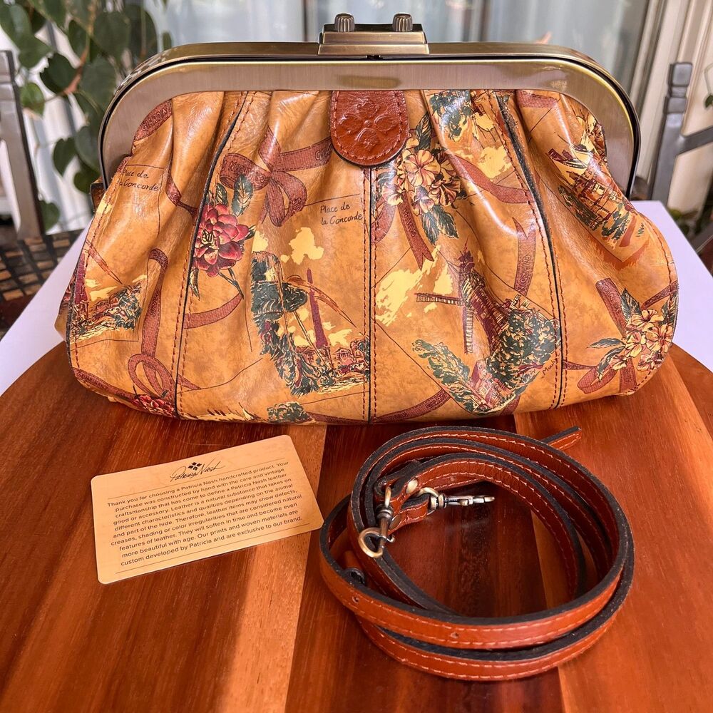 Patricia Nash Verbania Frame Crossbody Clutch My European Trip Leather Trim Bag